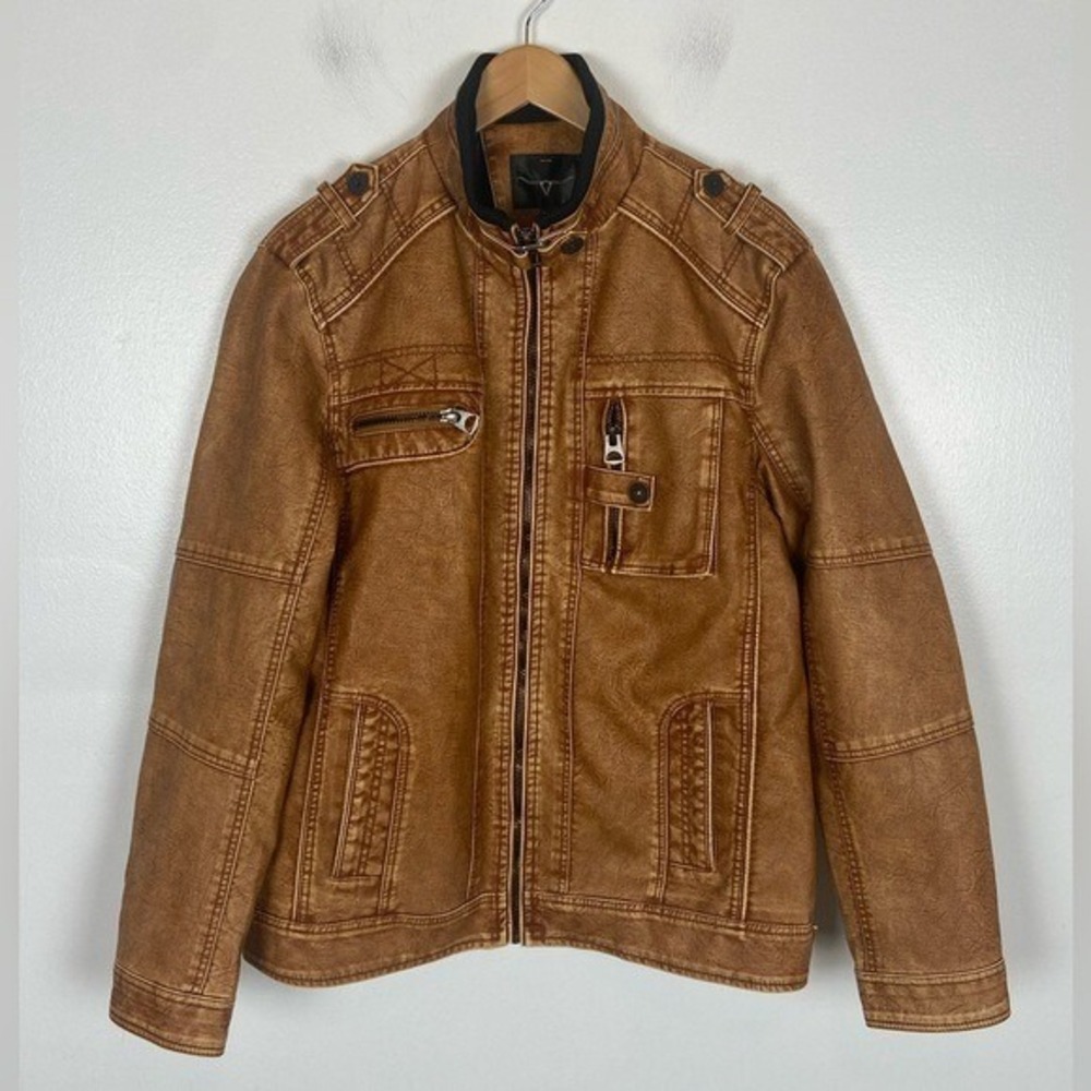 Dixon‎ Men's Leather Jacket Size L Copper Mustard Moto Mock Neck Zipped Pockets